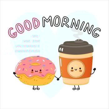 Cute happy coffee and pink donut card. Vector hand drawn doodle style cartoon character illustration icon design. Happy coffee and pink donut friends concept card