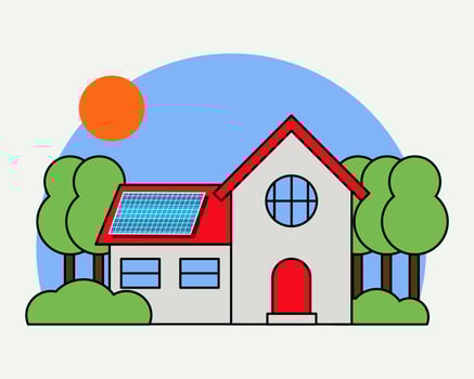 Solar cell system on the roof of house. Cartoon vector style for your design.