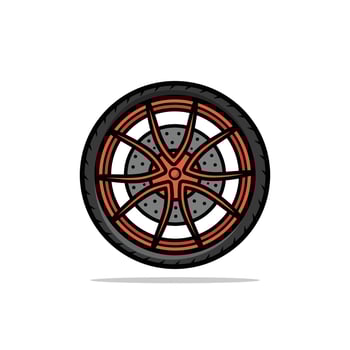 Cartoonish orange alloy car tire wheel isolated vector illustration.