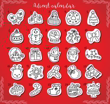 Christmas advent calendar. Set of coloring pages for kids. Christmas countdown coloring page with holiday elements, cute toys, deer, snowman, gift. Season activity. Vector hand drawn illustration.