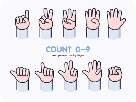 Hand gestures counting fingers 0 1 2 3 4 5 6 7 8 9, icon, vector design, isolated background.