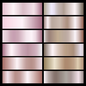 Set of holographic gold rose and bronze foil textures. Vector graphics of shining rainbow patterns. Collection of holograms with metallic gradients