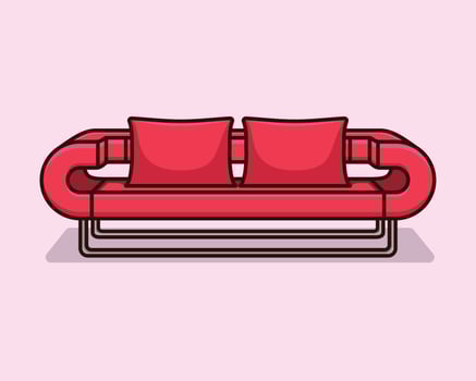 Fashionable comfortable stylish red fabric sofa with gray legs on red background with shadow. Red interior, showroom, single piece of furniture. Vilyura, velvet sofa. Luxury couch front view vector