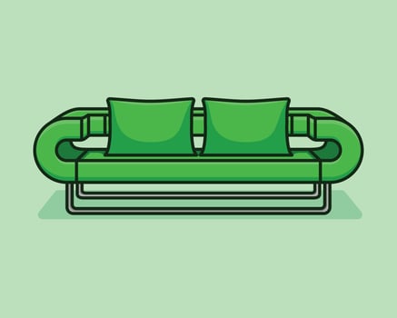 Fashionable comfortable stylish green fabric sofa with gray legs on green background with shadow. Green interior, showroom, single piece of furniture. Vilyura, velvet sofa. Luxury couch front view vector