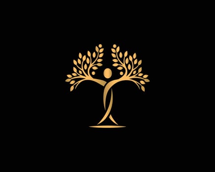 Healthy lifestyle With Gold Color Tree Yoga Symbol Flat Vector Logo Design.