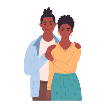 Black love couple hugging and smiling. Sweetheart couple together. Happy family portrait. vector