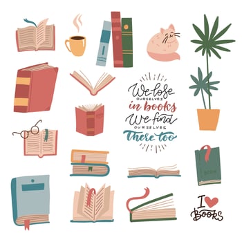 Books and reading elements set. Stack of books, textbooks, cute cat, houseplant, cup. Bundle of decorative design with lettering quotes isolated on white background. Flat cartoon vector illustration.