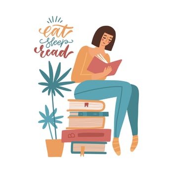 Young woman reading a book while sitting on stack of giant books. Student studying. Girl relaxing with book isolated on white background. Literature hobby. Flat vector concept with lettering quote.