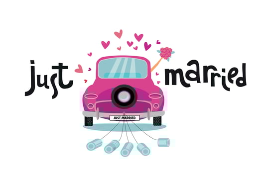 Newlywed couple is driving vintage pink car for their honeymoon with just married lettering sign and cans attached. Bride groom car with hand with bouquet sticking out of window . Vector flat cartoon