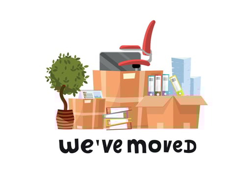 We've moved - hand drawn lettering quote.A lot of open cardboard boxes with office supplies - folders, documents, monitor, red chair on wheels, potted plant.Flat cartoon vector set on white background