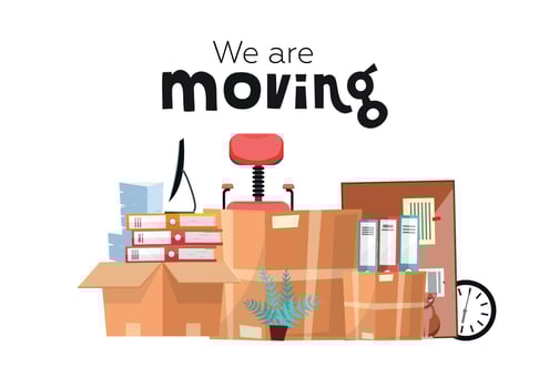 Moving to new office with boxes. Office accessories in cardboard box isolated on white background - monitor, folders, stack of papers, plant, office chair, clock, board stationery. Flat cartoon vector