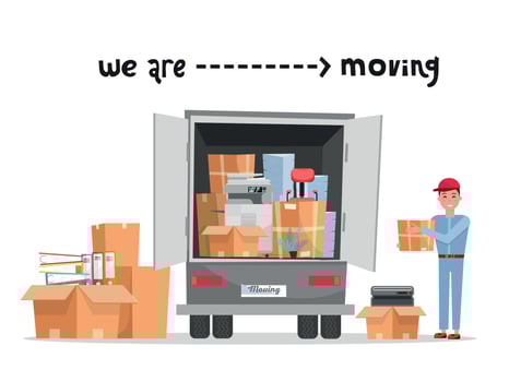 Man worker in uniform with cardboard boxes. Moving office. Transport company. Box in hand. Cute loader. Boxes with corporate things. Moving service. lettering we are moving. Vector flat illustration