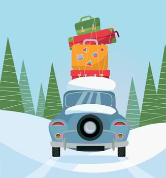 Car back View With stack of baggage on background of snow trees. Blue car with suitcases on the roof. Winter family traveling by car. Flat cartoon vector illustration.Many bags on the top of vehicle
