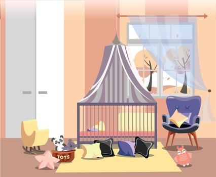 Newborn kid or nursery room interior flat vector illustration of bedroom furniture. Childrens room in warm yellow pink colors with toys, easy chair, bed with canopy, window with autumn landscape