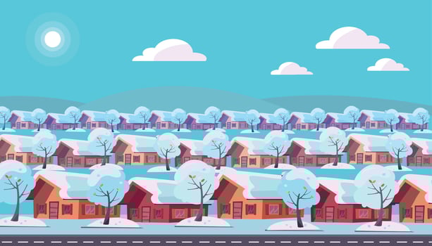 Panoramic landscape of suburban one-story village. Same houses are located in three rows. Winter snow sunny weather and snow-covered trees outside. Flat cartoon style vector illustration