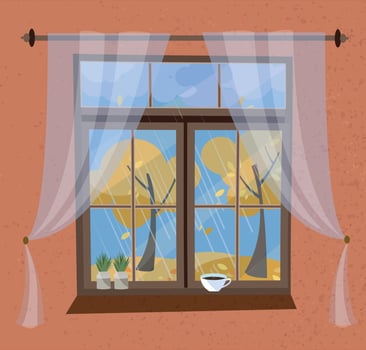 Autumn view from the window with cornice and transparent tulle. Closed wood window view to Indian summer, flying foliage, yellow trees. On windowsilll plants in pots, coffee cup. Flat cartoon vector