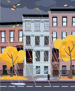 Flat cartoon vector illustration of autumn rainy city street. Three-four-story uneven houses, foliage flies. Street cityscape. Evening city landscape with autumn trees in the foreground, puddles