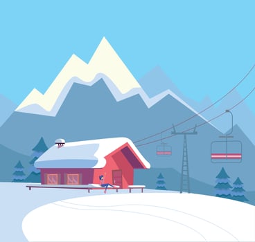 Winter snowy landscape with ski resort, lift, cable car, red house, snow-covered roof, untouched nature and winter mountains landscape. Flat cartoon style vector illustration.