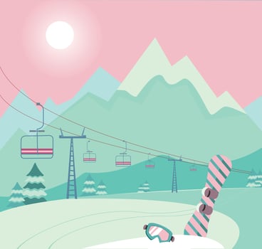 Winter snowy landscape with Ski equipment snowboard and ski goggles, lift, trail, Alps, fir trees, sunny weather, mountains panoramic background. Ski resort season is open. Winter web banner design. vector