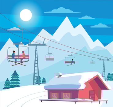 Winter snowy landscape with ski resort, lift, cable car, red house with snow-covered roof, Alps, fir trees, nature and winter mountains landscape. Sunny weather. Flat cartoon style vector illustration