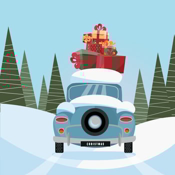 Flat vector cartoon illustration of retro car with present on the roof. Little classic blue car carrying gift boxes on its rack. Vehicle back decorated with wheel, car rear view.Snow-covered landscape