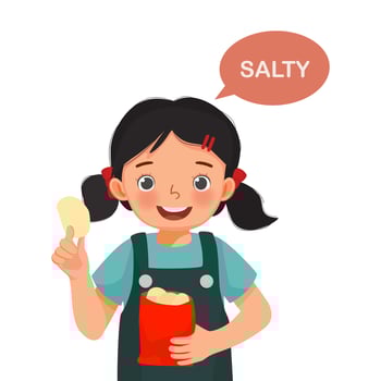 cute little girl holding potato chip showing salty taste of tongue five senses vector
