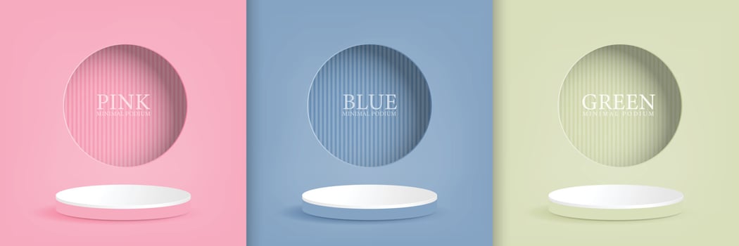 Abstract 3D room set with realistic cylinder plinth in pink, blue, light green, vertical stripes in circular window on the wall. vector geometry Simulated product display, minimal scene.