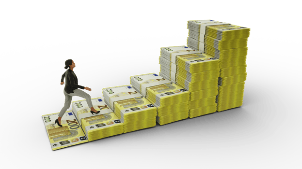 Business woman climbing stairs made of Euro notes. 3D rendering of money arranged in the shape of a financial growth graph icon. Business growth concept png