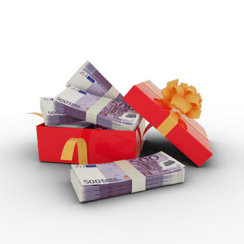 Stack of 500 Euro notes inside an open red gift box. Bundles of Euro inside a gift box. 3d rendering of money inside box isolated on transparent background png