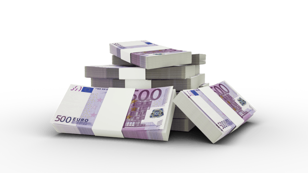 3D Stack of 500 Euro notes isolated on transparent background. European currency png