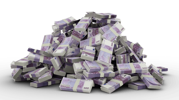 Big pile of 500 Euro notes a lot of money over transparent background. 3d rendering of bundles of cash png