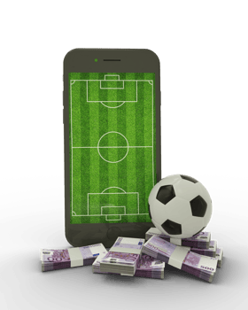 3D rendering of a mobile phone with soccer field on screen, soccer ball and stacks of Euro notes isolated on transparent background. png