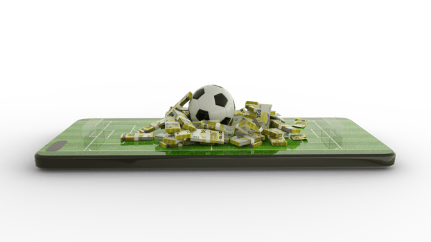 3d rendering of Mobile phone Soccer betting. Football and Euro notes on phone screen. Soccer field on smartphone screen. bet and win concept png