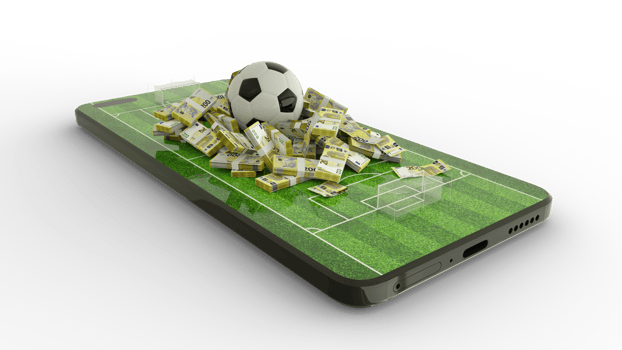 3d rendering of Mobile phone Soccer betting. Football and Euro notes on phone screen. Soccer field on smartphone screen. bet and win concept png