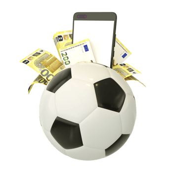 3d rendering of Euro notes and phone behind soccer ball. Sports betting, soccer betting concept. mockup png