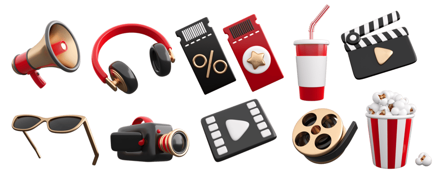 3d set of cinema, movie, theatre, video and audio icons. Trendy glossy plastic design elements. High quality isolated render png