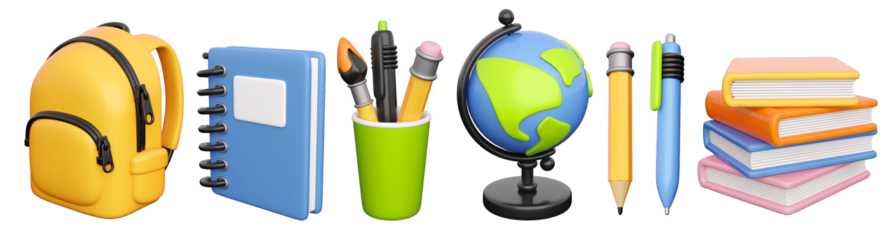 Icons set for back to school, learning and onlline education banners. School bag, notebook, writing accessories, globe and books stack. 3d high quality isolated render png