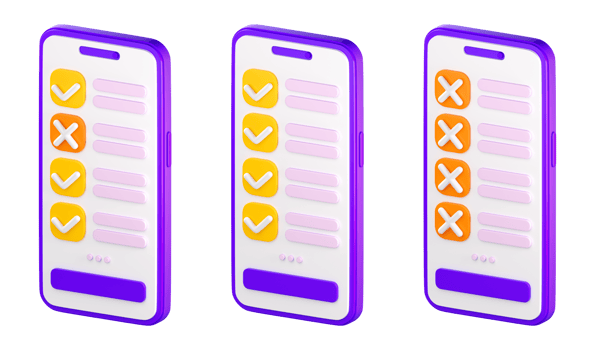 3d smartphone with checklist on the screen. Todo or tasks list, vote form, online survey, feedback or examination concept. High quality isolated render png