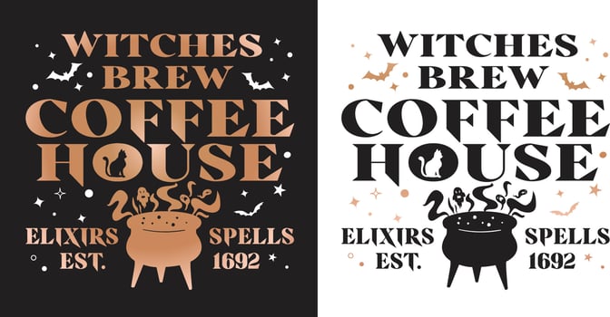 Witches Brew Coffee House Sign. Surrounded by stars and bats. Perfect for Halloween season. vector