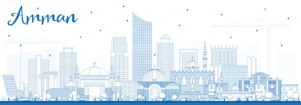 Outline Amman Jordan Skyline with Blue Buildings. vector