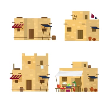Vector set of traditional Middle Eastern houses and market. Arabian architecture. Flat style.