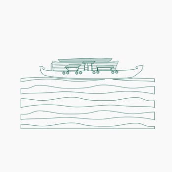 Editable Side View Indian Keralan Houseboat Backwater on Wavy Lake Vector Illustration in Outline Style for Artwork Element of Recreation or Transportation of Southwestern India Related Design