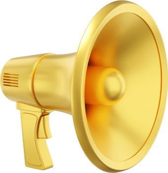 Megaphone realistic gold. PNG icon on a transparent background. 3D rendering.