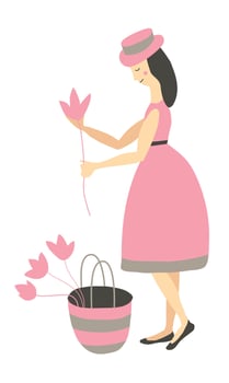 Beautiful girl picking flowers vector illustration