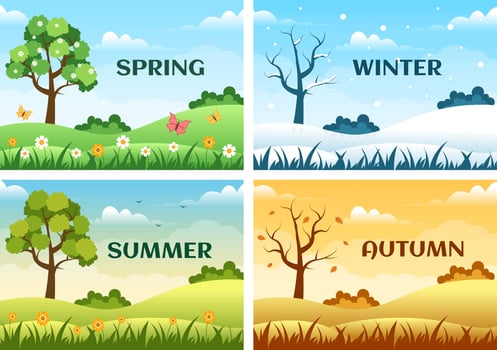 Scenery of the Four Seasons of Nature with Landscape Spring, Summer, Autumn and Winter in Template Hand Drawn Cartoon Flat Style Illustration vector