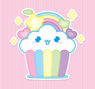 cute kawaii style cupcake that looks like cloud with rainbow and stars illustration vector