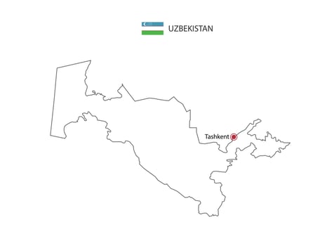Hand draw thin black line vector of Uzbekistan Map with capital city Tashkent on white background.