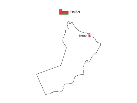 Hand draw thin black line vector of Oman Map with capital city Muscat on white background.