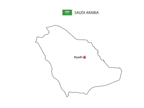 Hand draw thin black line vector of Saudi Arabia Map with capital city Riyadh on white background.