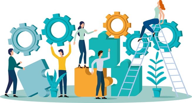 Teamwork.People put together puzzles and gears.Flat vector illustration.